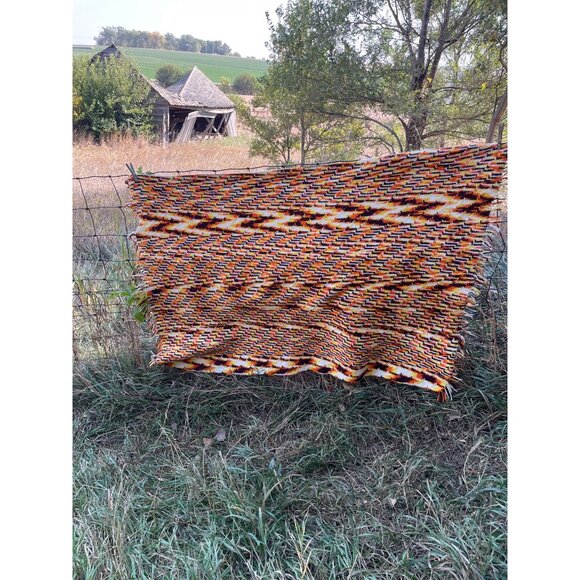 Vintage 1970s Crochet Afghan ZigZag pattern Fringe Orange Brown - Picture 9 of 16